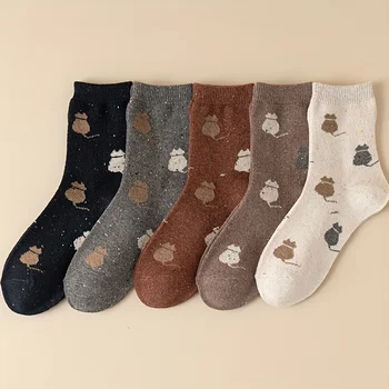 5 чифта чорапи с изображение на котка от карикатура, удобни и сладки, дебели и топли кашмир чорапи, дамски чорапи със средна дължина