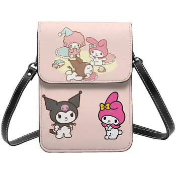 Sanri My Melody Kuromi Кожена Кесия за мобилен телефон, Аксесоари, сладка женствена чанта през рамо за момичета, лек калъф за карти