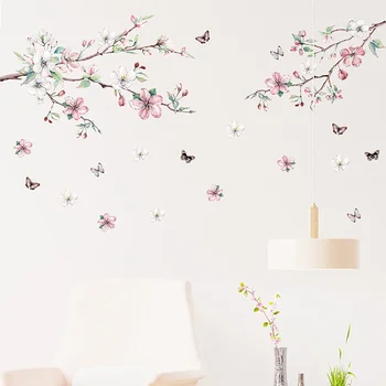 Акварел Розово Цвете праскова Клони Пеперуди Стикери за стена за хол спалня Стикери за стена на стаята за момичета Декорация на дома
