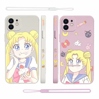 Аниме Sailors Moons Калъф за Телефон iPhone 15 14 13 12 11 Pro Max Mini X XR XS MAX SE 8 7 Plus 6 6S Plus Y2k Момиче с Каишка за ръка