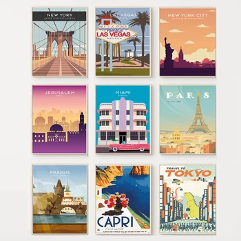 Аниме-плакат за пътуване из града, Бруклинския мост, Ню Йорк, Париж, пейзаж, печат върху платно, стенни рисунки за дом декорации, картини