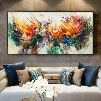 Взривно цветното изкуство на 100% Ръчно рисувани живопис с маслени бои Чудесна картина на платно за хола Картина за дома разтегателен Стенно изкуство