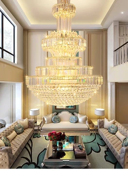 Висящи осветителни тела от кристал във френски стил, хол, Кръгла Златна Окачен лампа с висок таван, Луксозен модерен полилей Home Led E14