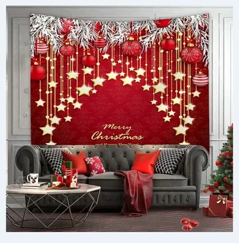 Гоблен с принтом елхи, монтиран на стената фон, Текстилен интериор, Червен Гоблен от полиестер Дядо Коледа, Декорация на стените в дома стаята