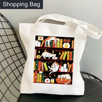 Дамска чанта-Купувач на Централизирана Котешка Книга С Принтом Kawaii Bag Harajuku За Пазаруване Холщовая Чанта-Купувач За Момичета, Дамски чанти-Тоут На рамото