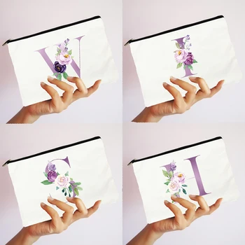 Дамски козметични чанти за грим Purple Flowers Alphabet, чанта с цип в стил Харадзюку, органайзер, Модерна чанта за съхранение червило, холщовая ежедневна чанта