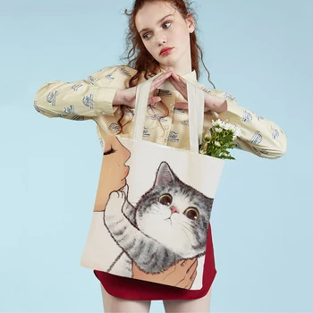 Двустранен забавно мультяшная котка, ежедневни дамски чанта за пазаруване с хубав принтом домашни любимци, множество холщовая дамска чанта-тоут за деца