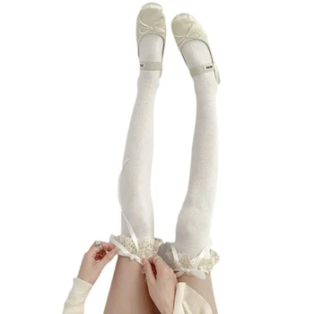 Сладки балетные прозрачни чорапи до бедрото, с къдри, Дълги чорапи със шнур в стил Лолита