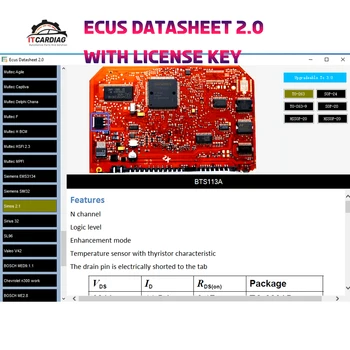 Софтуер Ecus Datasheet 2.0, база данни, схеми ECU, включваща хиляди схеми, печатни платки с електронни компоненти на автомобилни ECU.