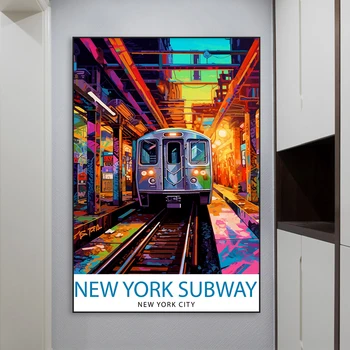 Цветни Графити-арт Туристически Печат на плакати в метрото на Ню Йорк Пейзаж от печат силуета на Реколта картина върху платно Декор за дома и спалня