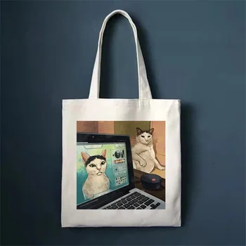 Чанта-тоут с сладък котка от памучен плат, торбички за пазаруване през рамо, дамска чанта, Еко-сгъваема множество чанта за пазаруване
