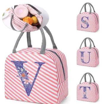 Чанта-хладилник за обяд за пикник, детски женски Термоорган за пътуване, изолирано чанта за съхранение с лилави цветя и букви, Обяд-бокс
